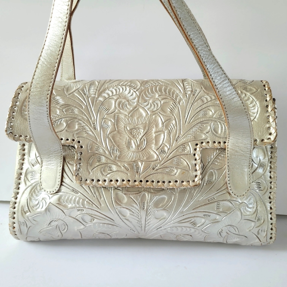 Cream Embossed Floral Handbag with Studded Trim Alexis David Mexico Handmade